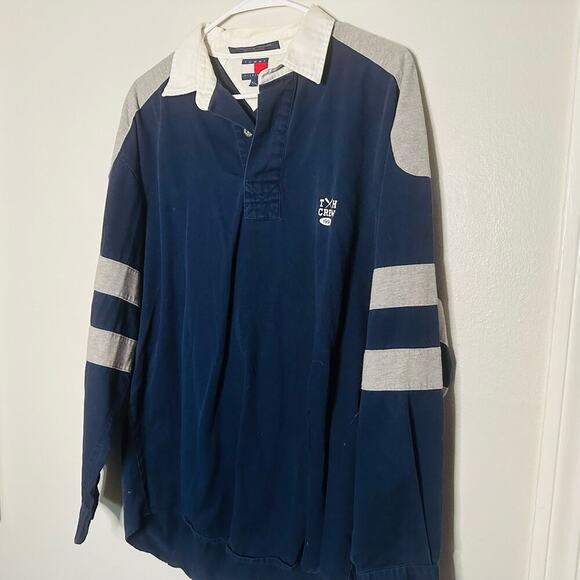 Vintage Tommy Hilfiger Navy Rugby Style Collared Crew Neck Shirt size Medium - Picture 5 of 9